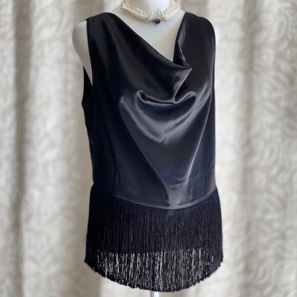 NWT Rachel‎ Zoe Black Satin Cowl Neck Fringe Hem Sleeveless Blouse Black Size S - Picture 1 of 8